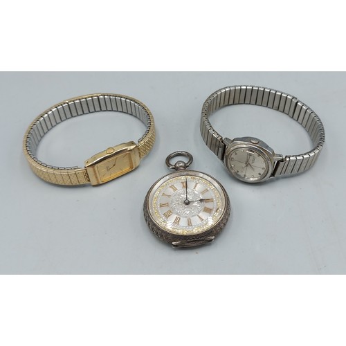 154 - A 935 engraved silver fob watch together with a Seiko automatic ladies wristwatch and a Seiko quartz... 