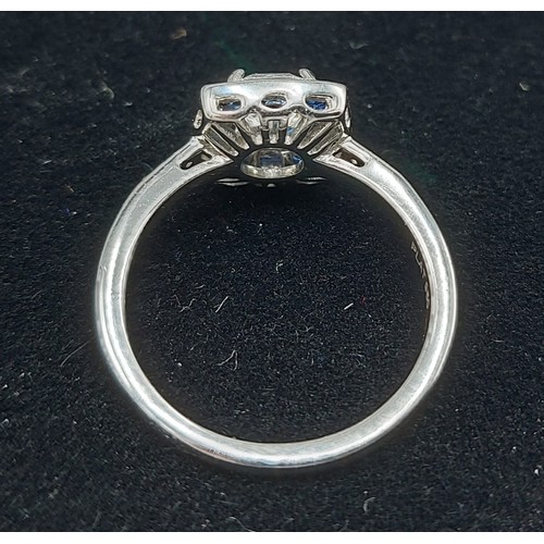 166 - A Platinum Diamond and Sapphire ring set with a central cushion cut Diamond, 1.01ct surrounded by Sa... 