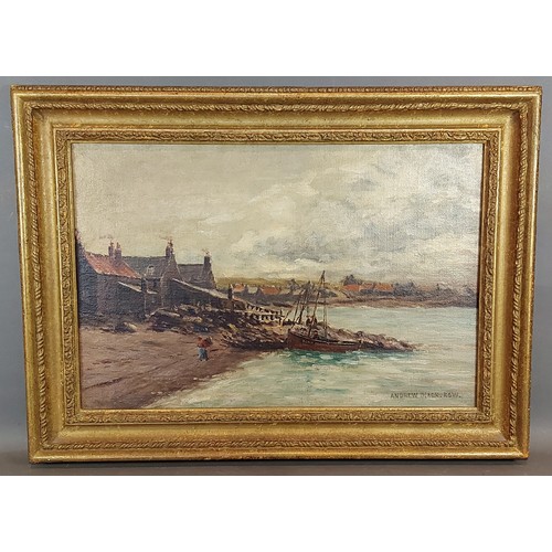 35 - Andrew Black, figures and boats within a coastal scene, oil on canvas, signed, 29cms x 44cms