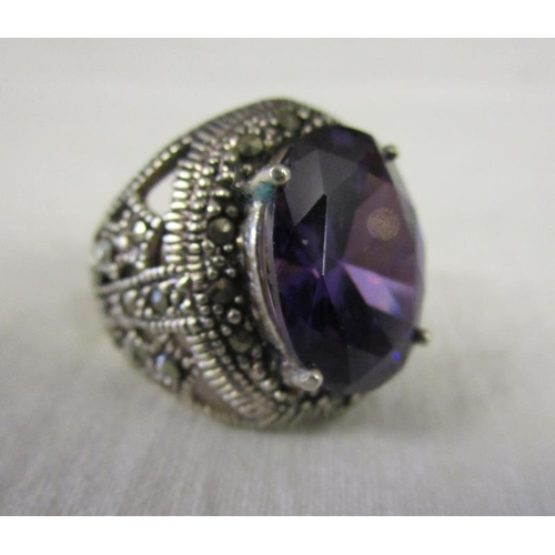 61 - Silver amethyst & marcasite ring