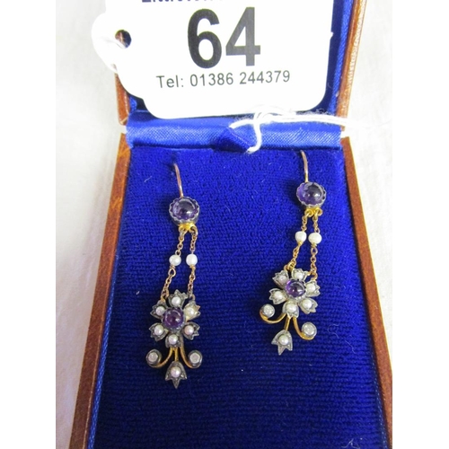 64 - Pair of amethyst, diamond and seed pearl drop earrings