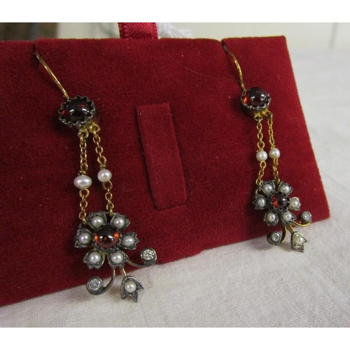 66 - Pair of garnet, pearl & diamond set earrings