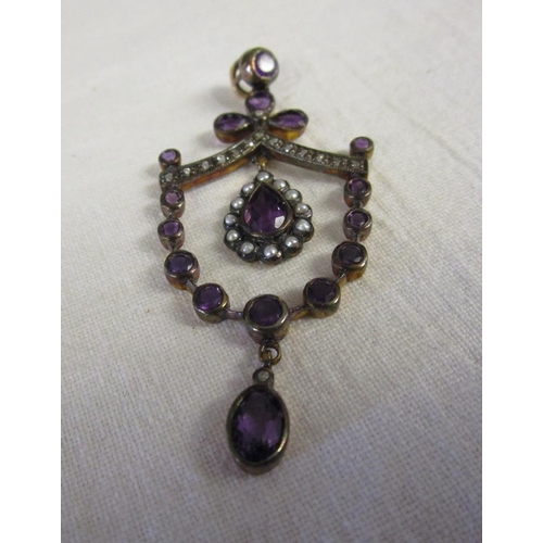 74 - Amethyst, diamond & seed pearl pendant