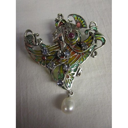 77 - Art Nouveau style silver enamel stone set pendant brooch