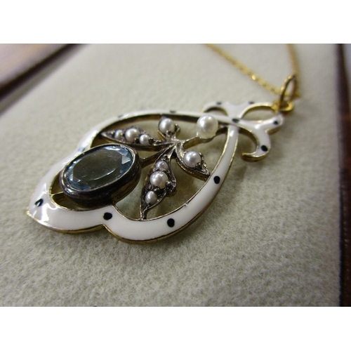 42 - Enamel, pearl & topaz pendant on chain