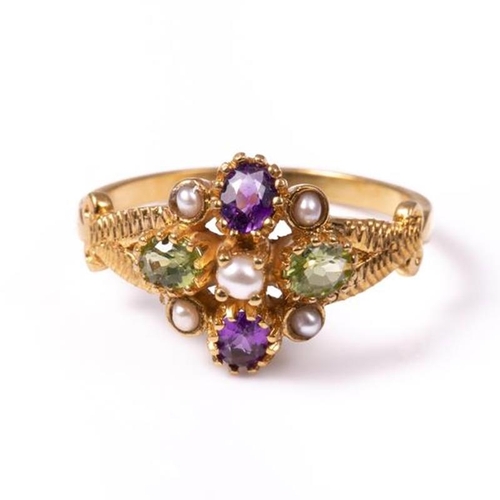 19 - 18ct silver-gilt amethyst (0.40ct), peridot (0.60ct) & seedpearl ring - Suffragette Colours