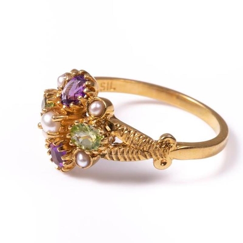 19 - 18ct silver-gilt amethyst (0.40ct), peridot (0.60ct) & seedpearl ring - Suffragette Colours