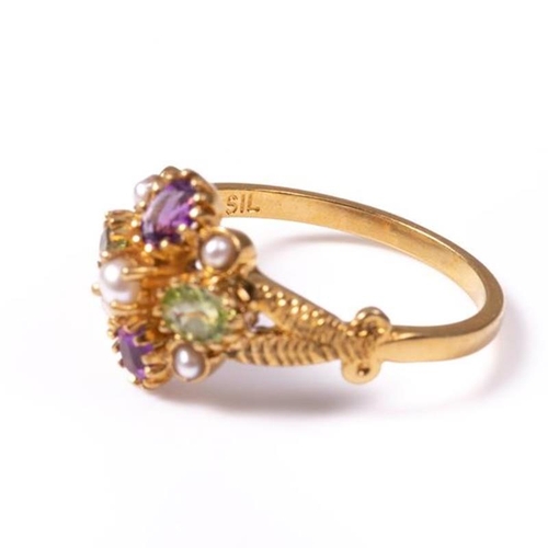 19 - 18ct silver-gilt amethyst (0.40ct), peridot (0.60ct) & seedpearl ring - Suffragette Colours