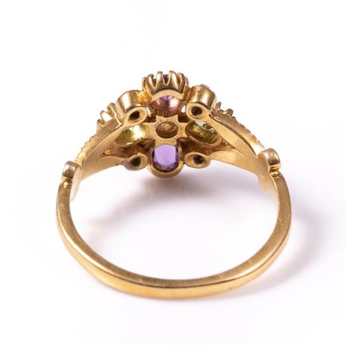 19 - 18ct silver-gilt amethyst (0.40ct), peridot (0.60ct) & seedpearl ring - Suffragette Colours