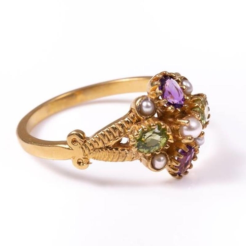 19 - 18ct silver-gilt amethyst (0.40ct), peridot (0.60ct) & seedpearl ring - Suffragette Colours