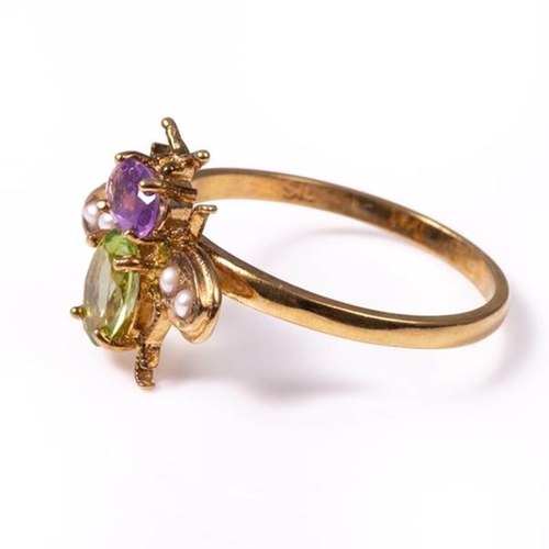 22 - 18ct silver-gilt amethyst (0.20ct), peridot (0.50ct) & seedpearl (Suffragette colours) bug ring