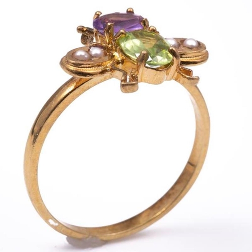 22 - 18ct silver-gilt amethyst (0.20ct), peridot (0.50ct) & seedpearl (Suffragette colours) bug ring