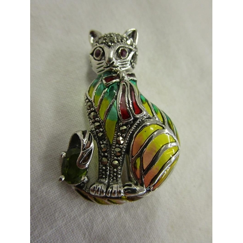 34 - Silver and champlevé enamel cat brooch