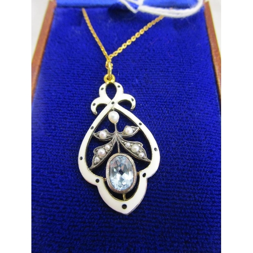 51 - Blue topaz, pearl & enamel pendant on chain