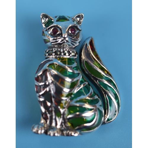 18 - Silver Plique-à-jour enamel cat brooch