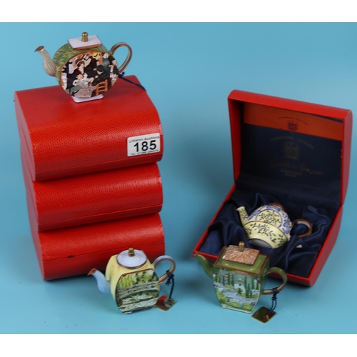 185 - 4 L/E Charlotte Di Vita French enamel teapots in cases