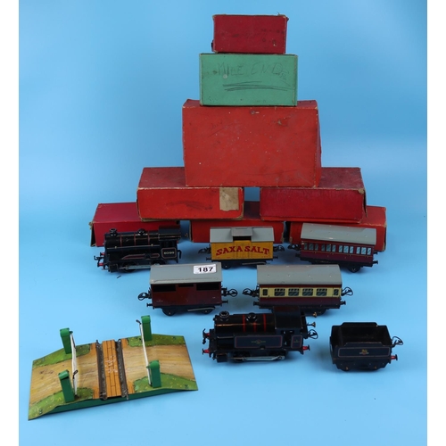 187 - Collection of tin plate O gauge trains & carriages in boxes to include level crossing