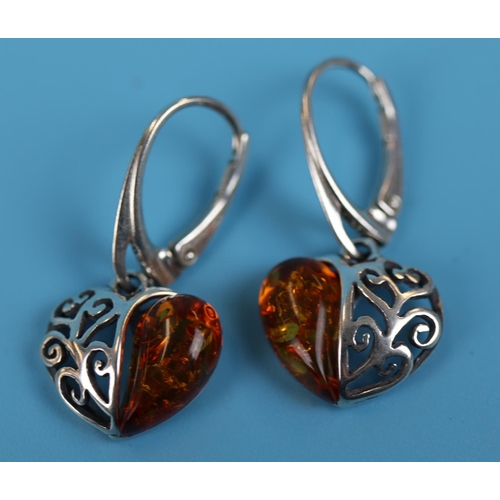 21 - Pair of silver & amber heart earrings