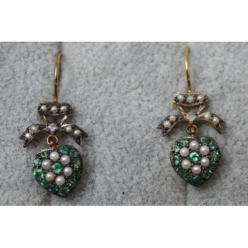 25 - Pair of emerald, pearl & diamond heart earrings