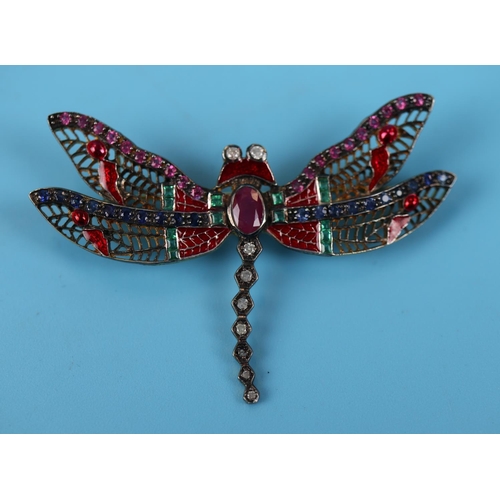 30 - Ruby, emerald, sapphire, diamond & enamel dragonfly brooch