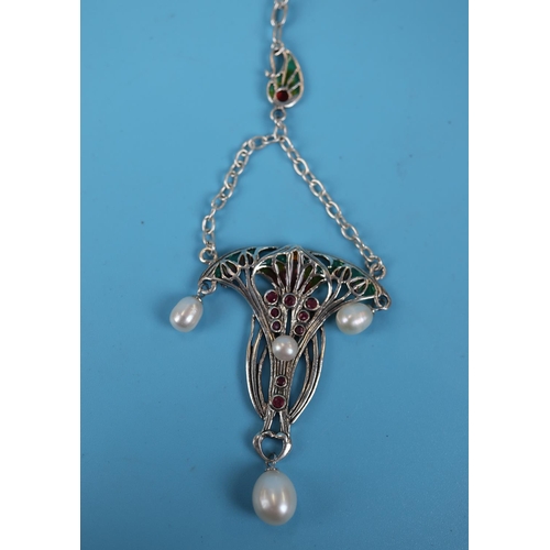 38 - Silver enamel stone set pendant on chain