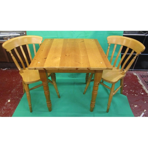 512 - Pine square table and 2 beech slat back dining chairs