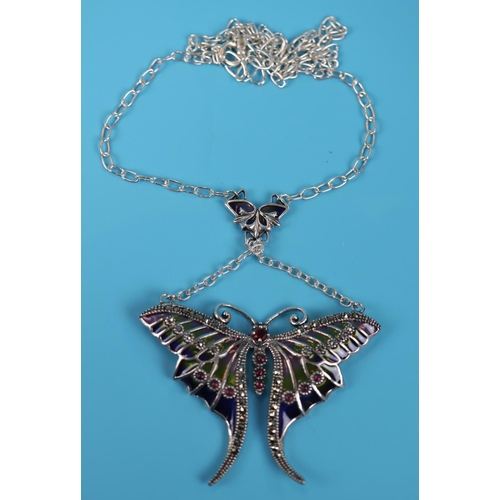 8 - Silver enamel butterfly pendant on chain