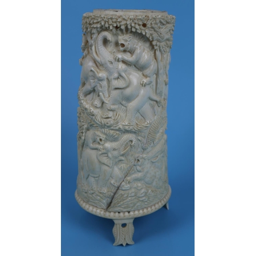 126 - Large antique Chinese carved ivory vase depicting tigers and elephants - Approx H: 24cm