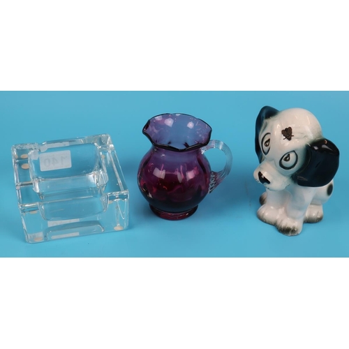 140 - Servres French glass ashtray, cranberry glass jug & dog figure