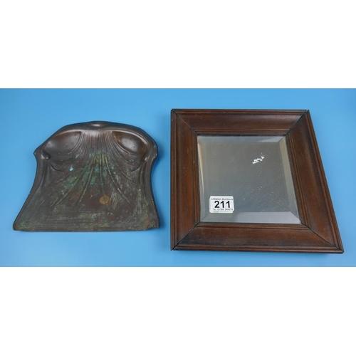 211 - Georgian bevelled glass shaving mirror & copper dustpan