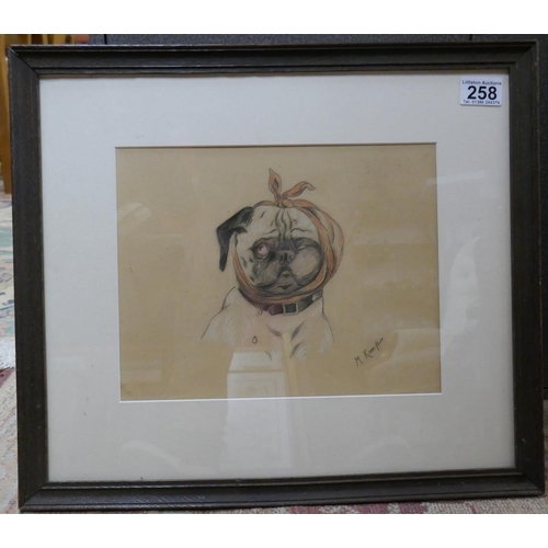 258 - Original charcoal sketch of pug signed M Kemp