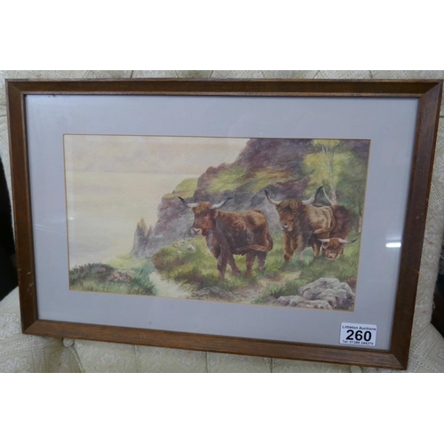 260 - Watercolour - Highland Cattle by Royal Worcester artist P Stanley - Approx image size: 33cm x 19cm