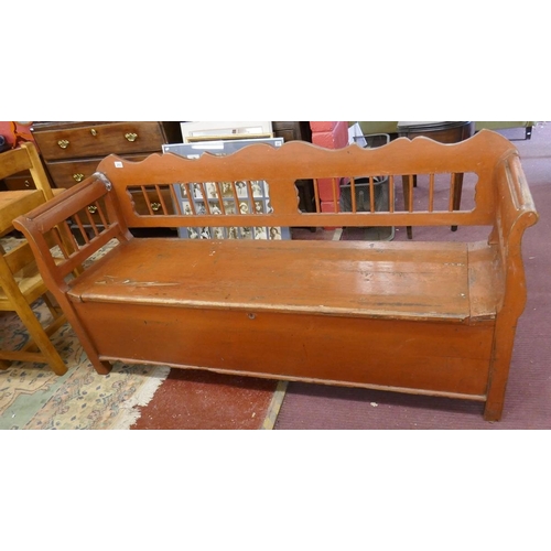 293 - Early eastern European painted bench with storage - Approx L: 190cm