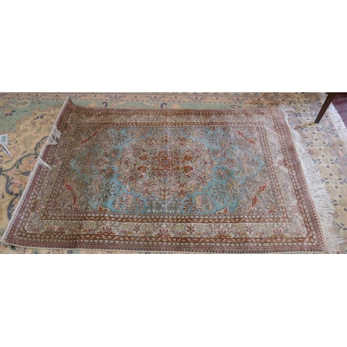 497 - Fine quality signed Turkish turquoise antique silk rug with wildlife themed pattern - Approx 200cm x... 