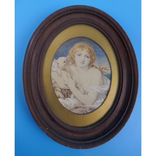 92 - Antique miniature portrait in frame - Original watercolour after Jean-Baptiste Greuze