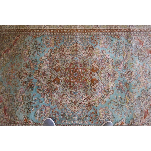 497 - Fine quality signed Turkish turquoise antique silk rug with wildlife themed pattern - Approx 200cm x... 