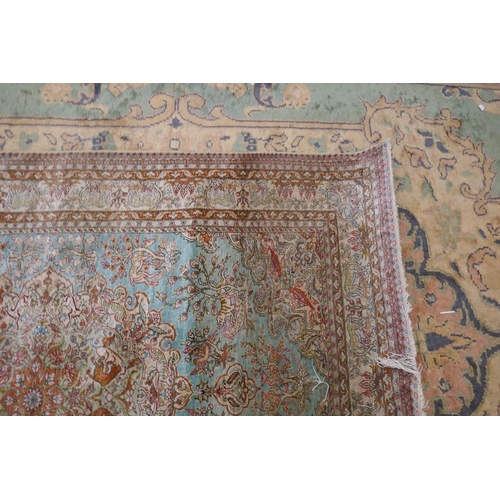 497 - Fine quality signed Turkish turquoise antique silk rug with wildlife themed pattern - Approx 200cm x... 