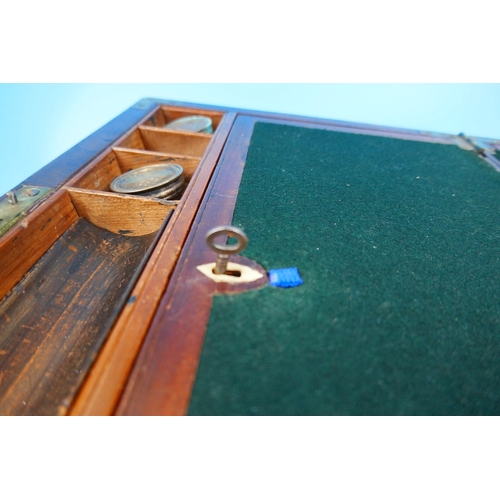 133 - Brass bound mahogany writing slope with secret drawers and interior key