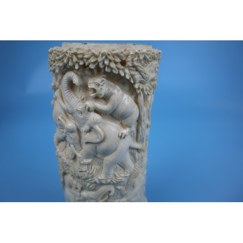 126 - Large antique Chinese carved ivory vase depicting tigers and elephants - Approx H: 24cm