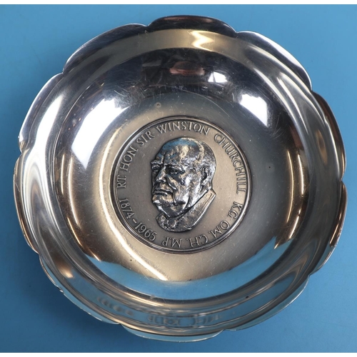 15 - Hallmarked silver bowl featuring Sir Winston Churchill medallion - Markers mark A.E.J - Approx weigh... 