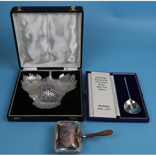 23 - Cased & hallmarked silver spoon together with an Indian silver entrée dish & white metal muffin dish