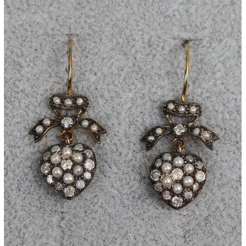 29 - Pair of pearl & diamond heart earrings