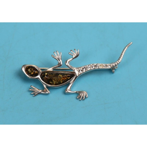 32 - Silver & amber lizard brooch