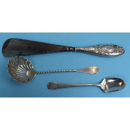 4 - Hallmarked silver spoon, hallmarked silver ladle & silver handled shoe horn
