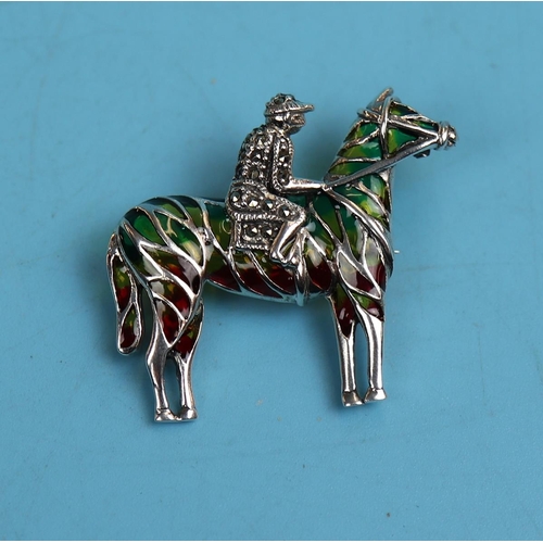 41 - Silver & enamel horse & jockey brooch