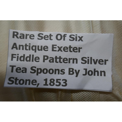 9 - Rare set of 6 antique Exeter fiddle pattern silver teaspoons by John Stone circa 1853 - Approx weigh... 
