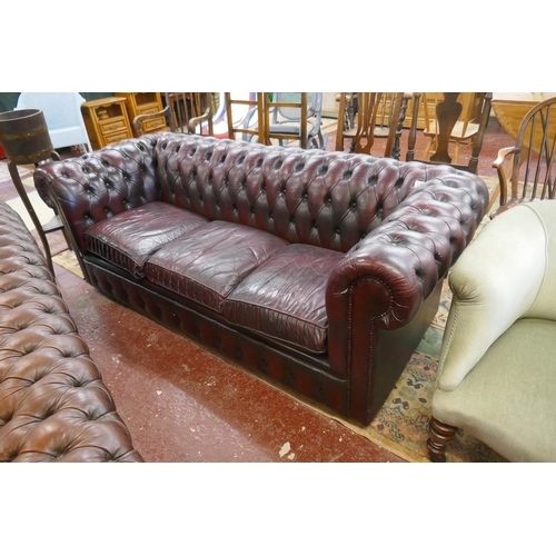 371 - Oxblood leather 3 seater Chesterfield sofa - Approx L: 195cm