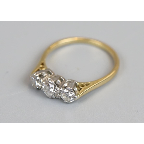 41 - 18ct gold 3 stone diamond ring, size M¾