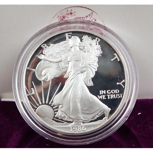 93 - 1986 American Eagle 1oZ fine silver $1 coin - Boxed & cased with COA