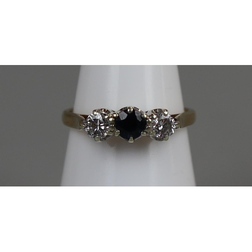 33 - Gold sapphire & diamond 3 stone ring, size L